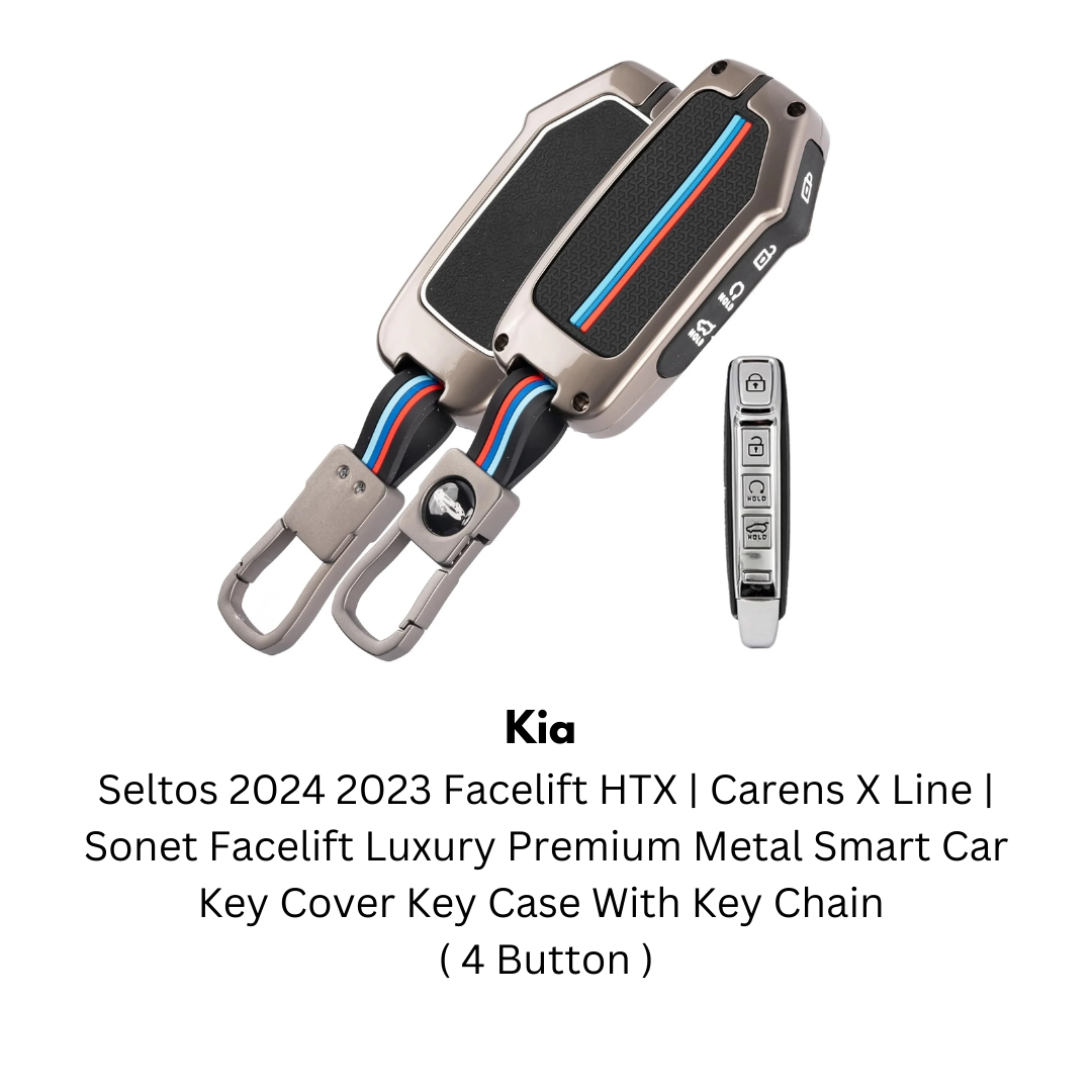 Kia Seltos 2024 2023 Facelift HTX | Carens X Line | Sonet Facelift Luxury Premium Metal Smart Car Key Cover With Key Chain ( 4 Button )